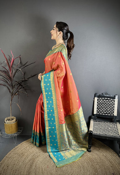 Elora Coral Pink Soft Silk Small Floral Zari Butti Gold Zari Weaving Banarasi Saree