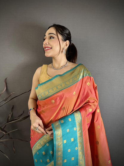 Elora Coral Pink Soft Silk Small Floral Zari Butti Gold Zari Weaving Banarasi Saree