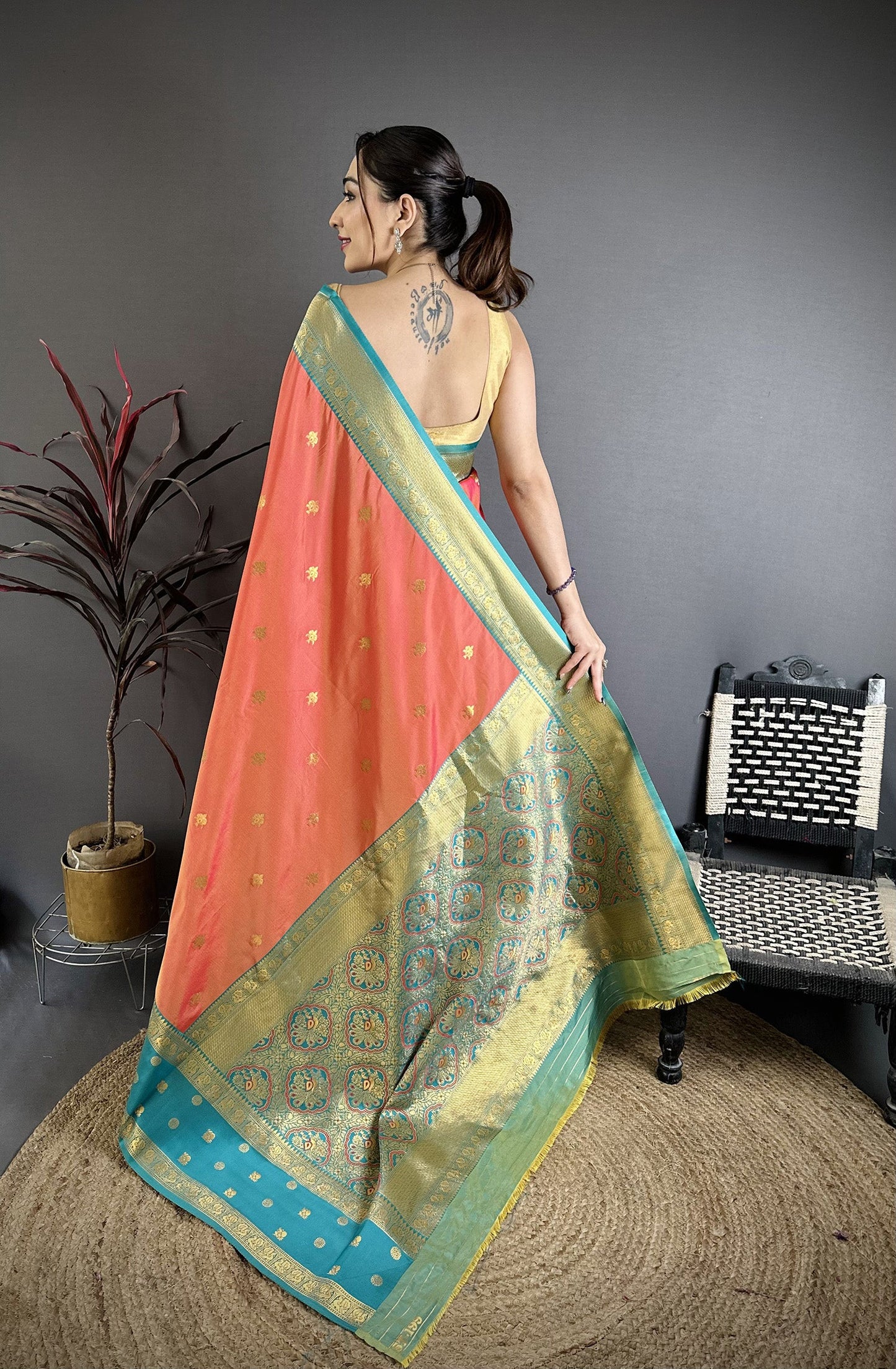 Elora Coral Pink Soft Silk Small Floral Zari Butti Gold Zari Weaving Banarasi Saree