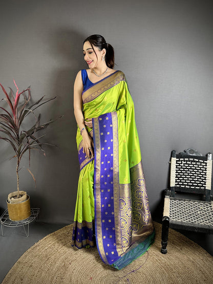 Elora Parrot Green Soft Silk Small Floral Zari Butti Gold Zari Weaving Banarasi Saree