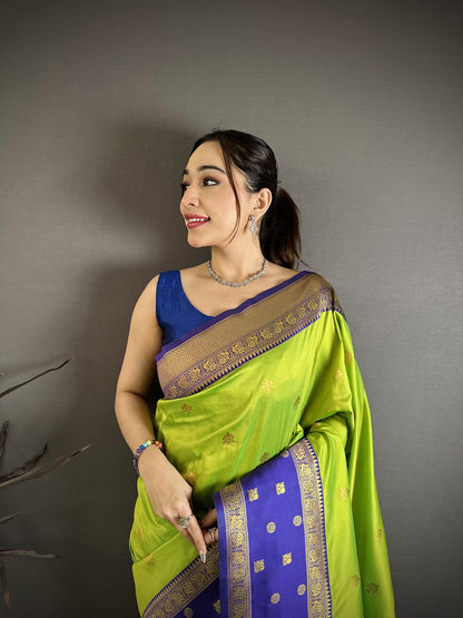 Elora Parrot Green Soft Silk Small Floral Zari Butti Gold Zari Weaving Banarasi Saree