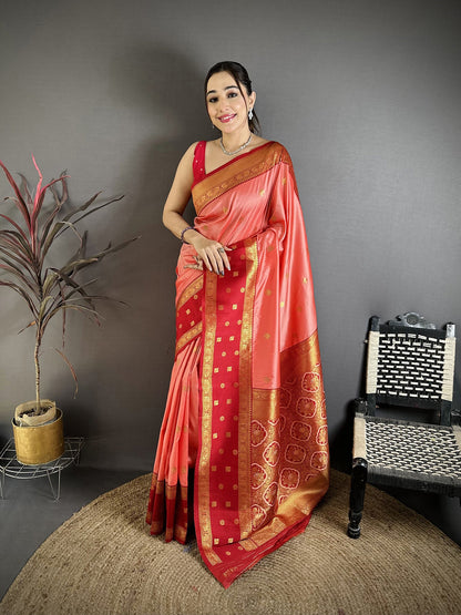 Elora Peach Soft Silk Small Floral Zari Butti Gold Zari Weaving Banarasi Saree