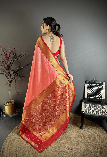 Elora Peach Soft Silk Small Floral Zari Butti Gold Zari Weaving Banarasi Saree
