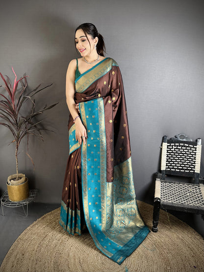 Elora Coffee Brown Soft Silk Small Floral Zari Butti Gold Zari Weaving Banarasi Saree