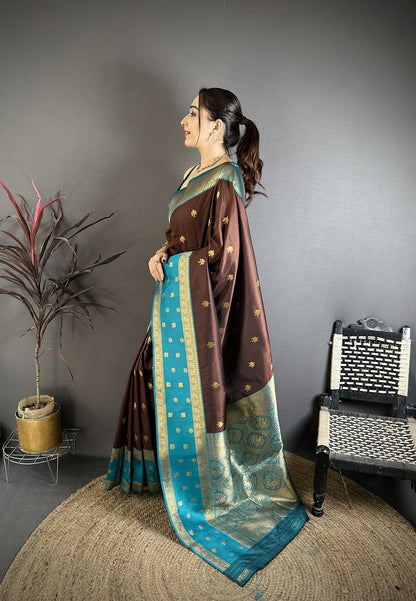 Elora Coffee Brown Soft Silk Small Floral Zari Butti Gold Zari Weaving Banarasi Saree