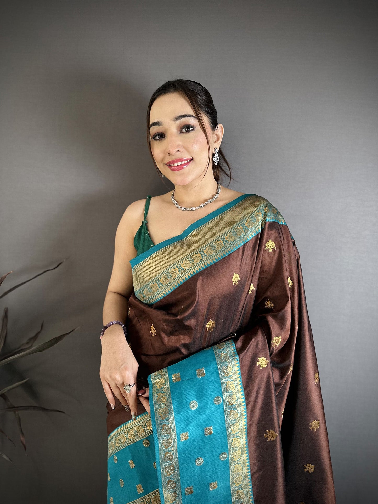 Elora Coffee Brown Soft Silk Small Floral Zari Butti Gold Zari Weaving Banarasi Saree