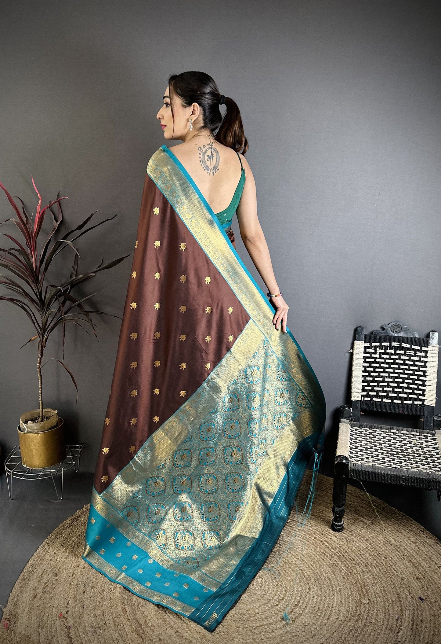 Elora Coffee Brown Soft Silk Small Floral Zari Butti Gold Zari Weaving Banarasi Saree