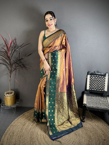 Elora Copper Soft Silk Small Floral Zari Butti Gold Zari Weaving Banarasi Saree
