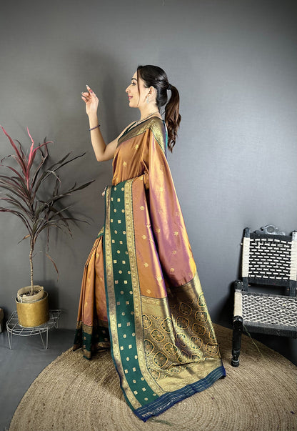 Elora Copper Soft Silk Small Floral Zari Butti Gold Zari Weaving Banarasi Saree