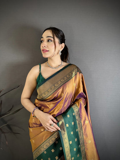 Elora Copper Soft Silk Small Floral Zari Butti Gold Zari Weaving Banarasi Saree