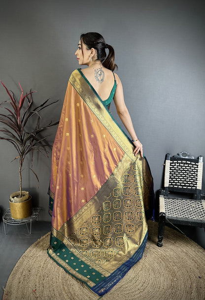 Elora Copper Soft Silk Small Floral Zari Butti Gold Zari Weaving Banarasi Saree