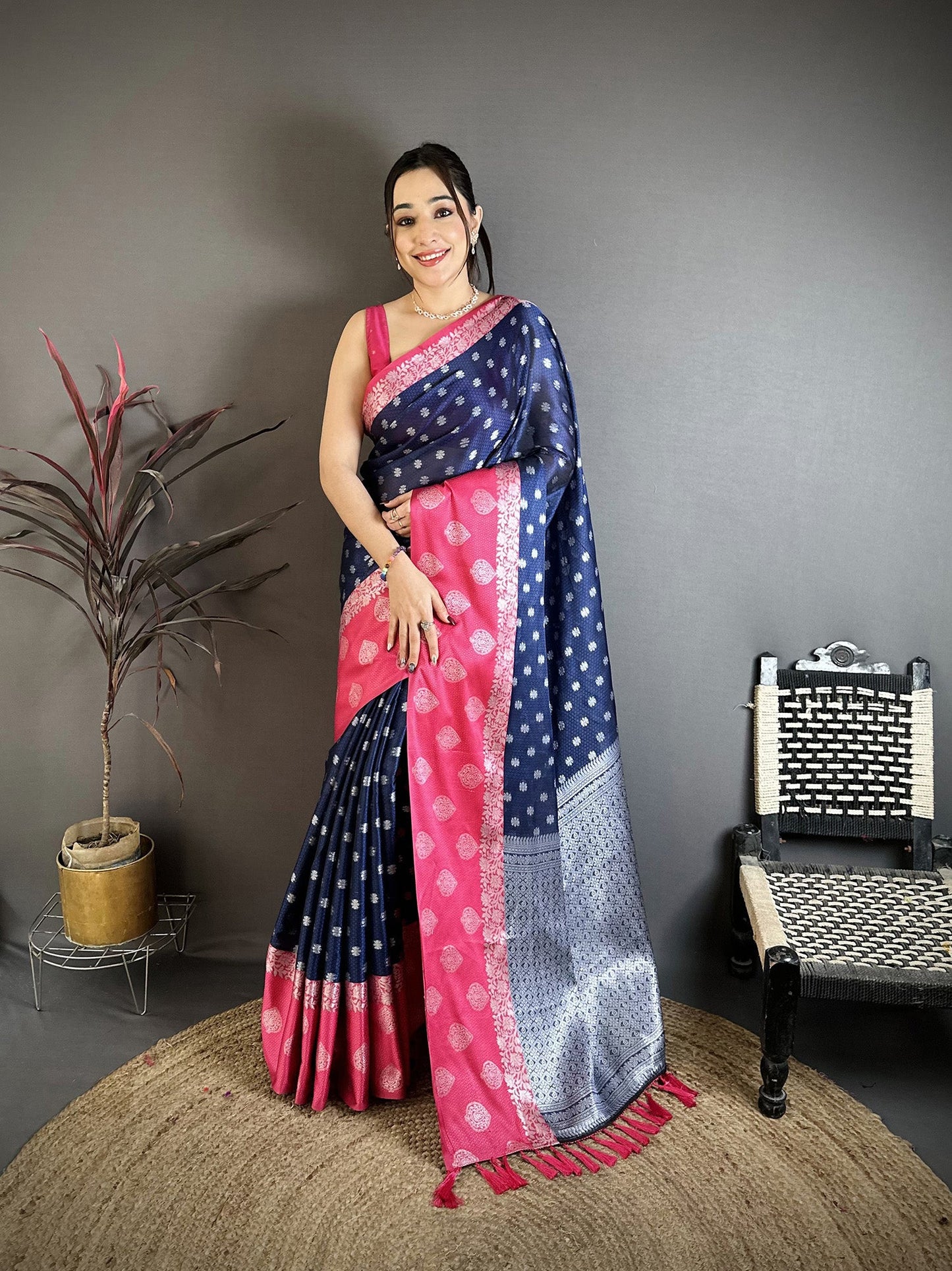 Elora Navy Blue Soft Silk Silver Zari Butti Banarasi Saree