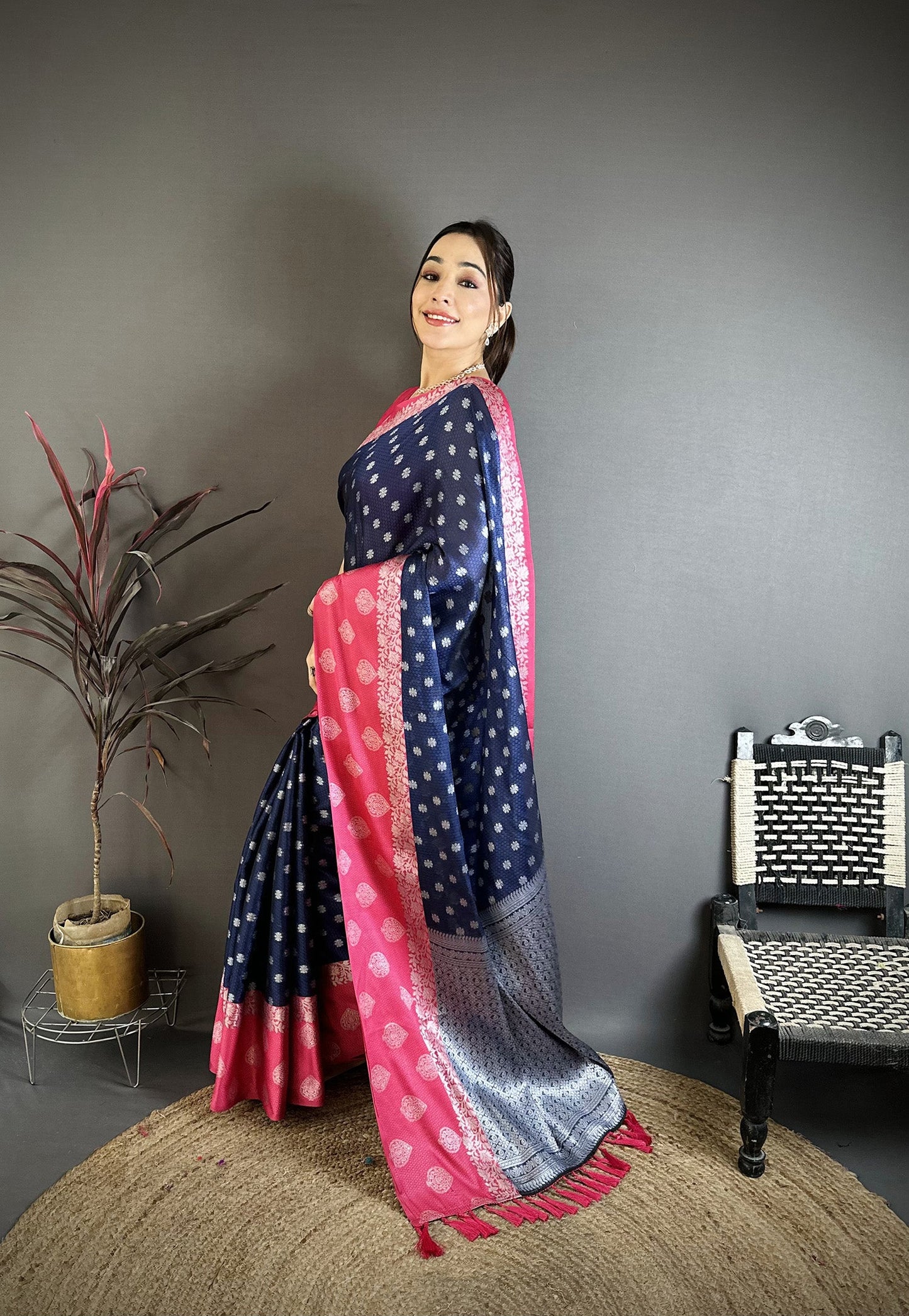 Elora Navy Blue Soft Silk Silver Zari Butti Banarasi Saree