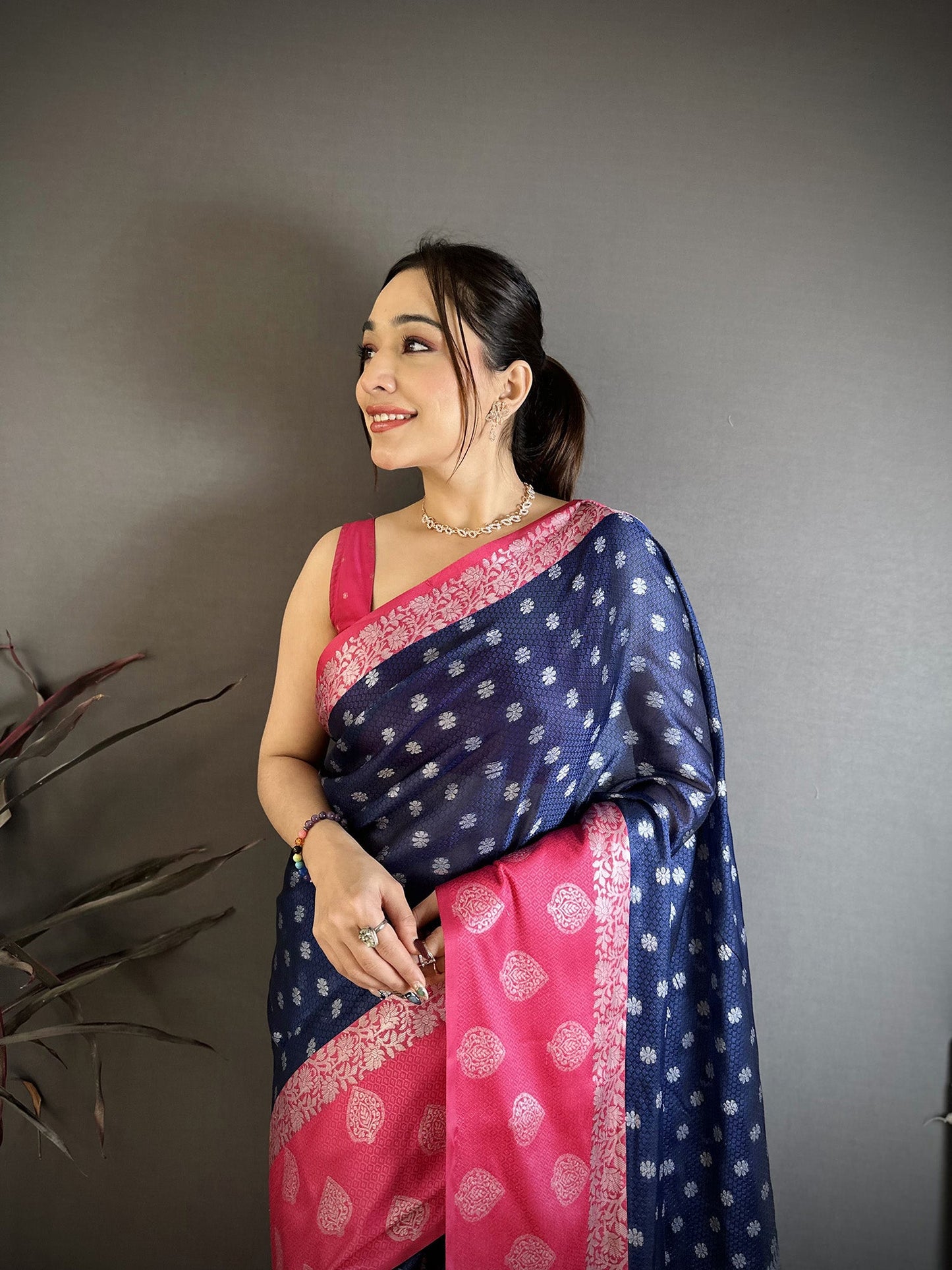 Elora Navy Blue Soft Silk Silver Zari Butti Banarasi Saree