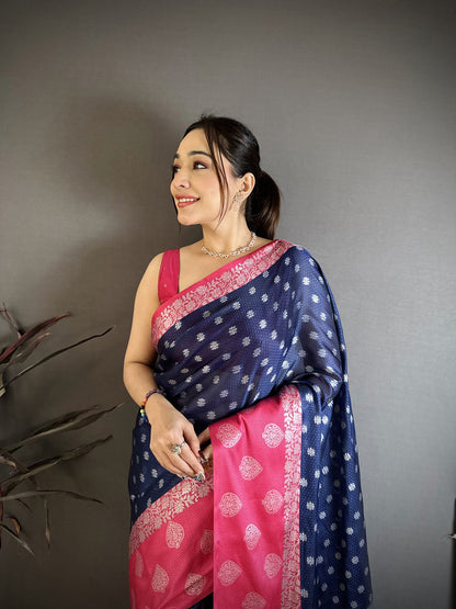 Elora Navy Blue Soft Silk Silver Zari Butti Banarasi Saree
