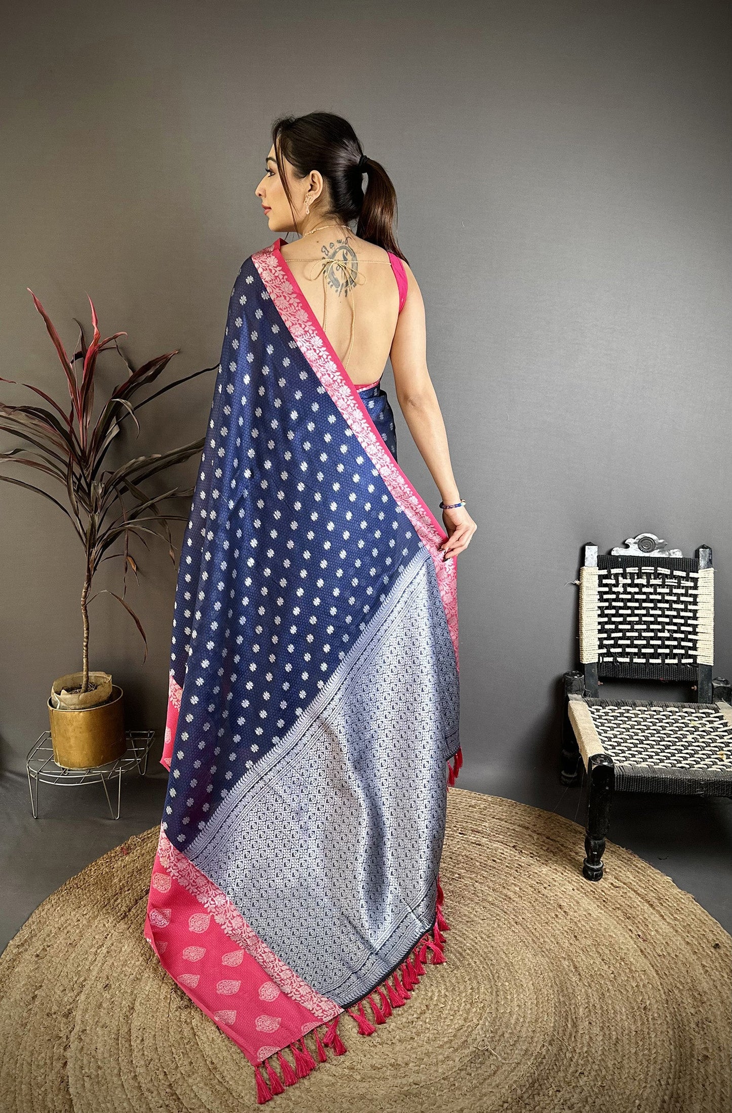 Elora Navy Blue Soft Silk Silver Zari Butti Banarasi Saree