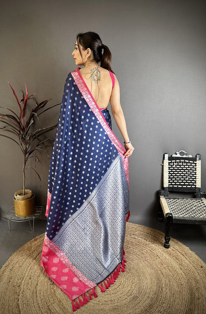Elora Navy Blue Soft Silk Silver Zari Butti Banarasi Saree
