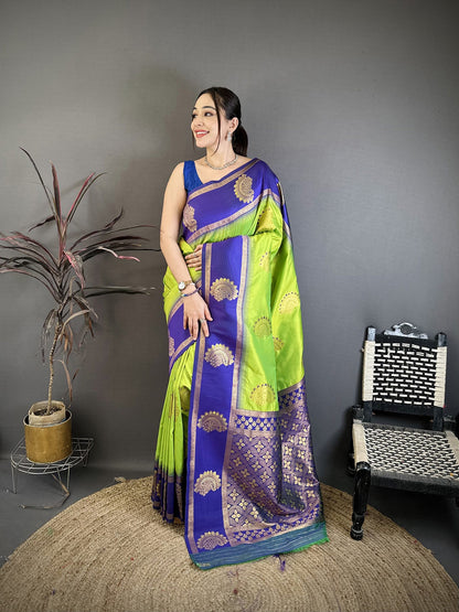 Elora Parrot Green Soft Silk Gold Zari Woven Butta Banarasi Saree
