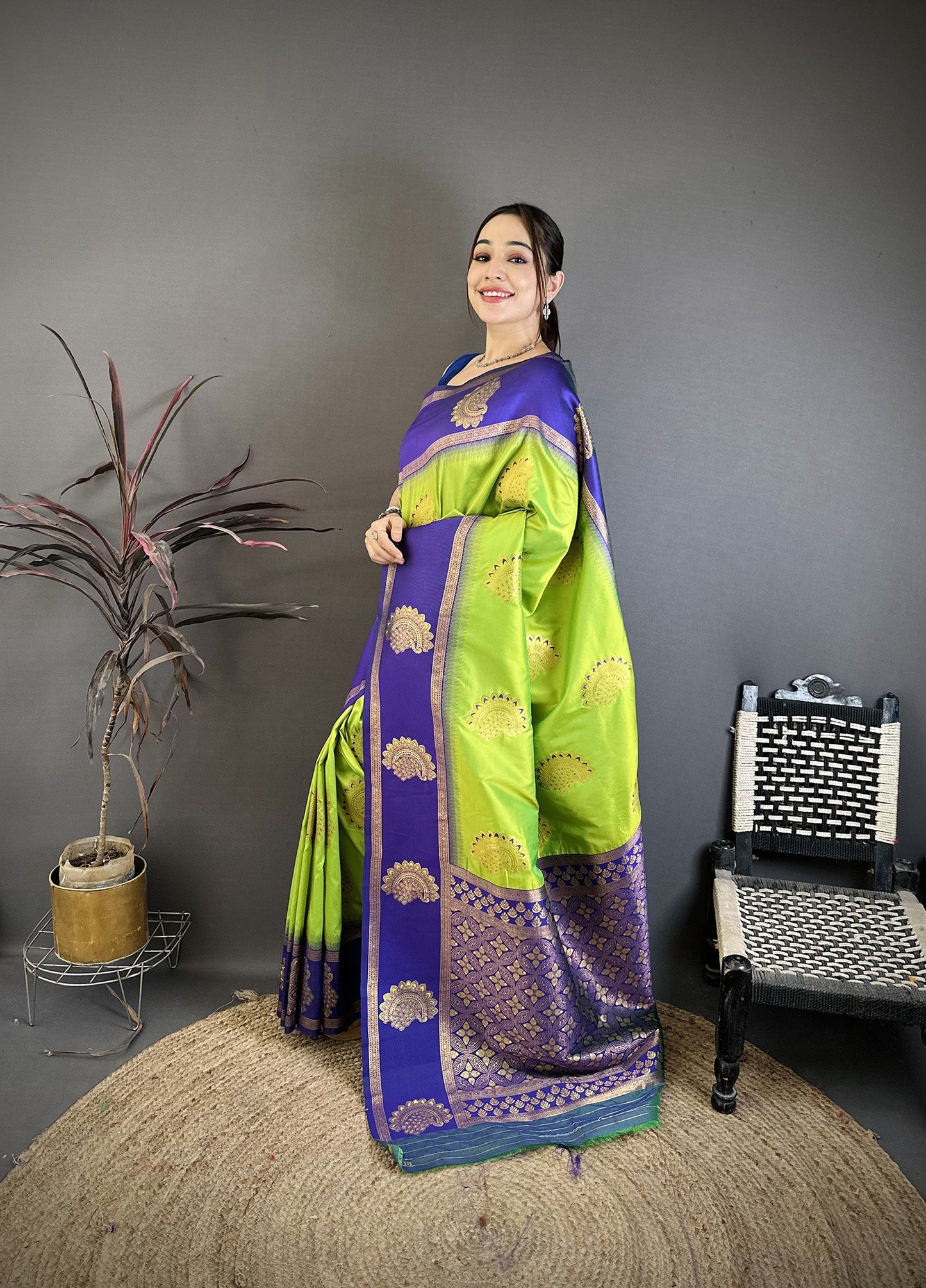 Elora Parrot Green Soft Silk Gold Zari Woven Butta Banarasi Saree