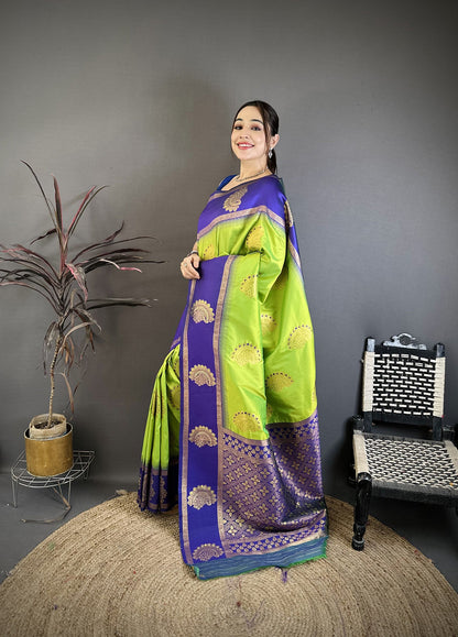 Elora Parrot Green Soft Silk Gold Zari Woven Butta Banarasi Saree