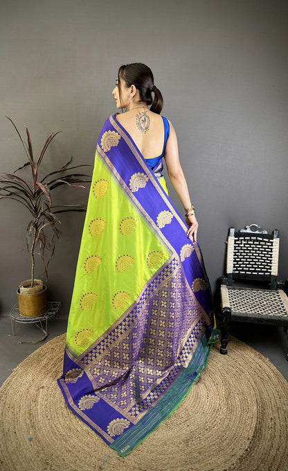 Elora Parrot Green Soft Silk Gold Zari Woven Butta Banarasi Saree