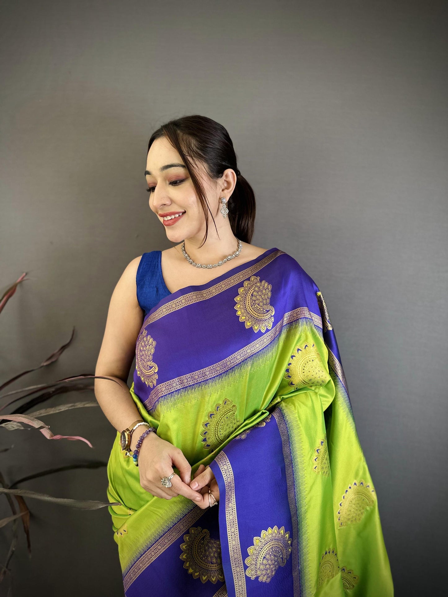 Elora Parrot Green Soft Silk Gold Zari Woven Butta Banarasi Saree