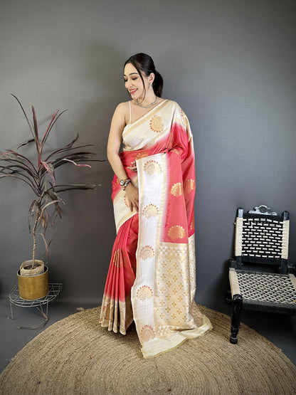 Elora Coral Soft Silk Gold Zari Woven Butta Banarasi Saree