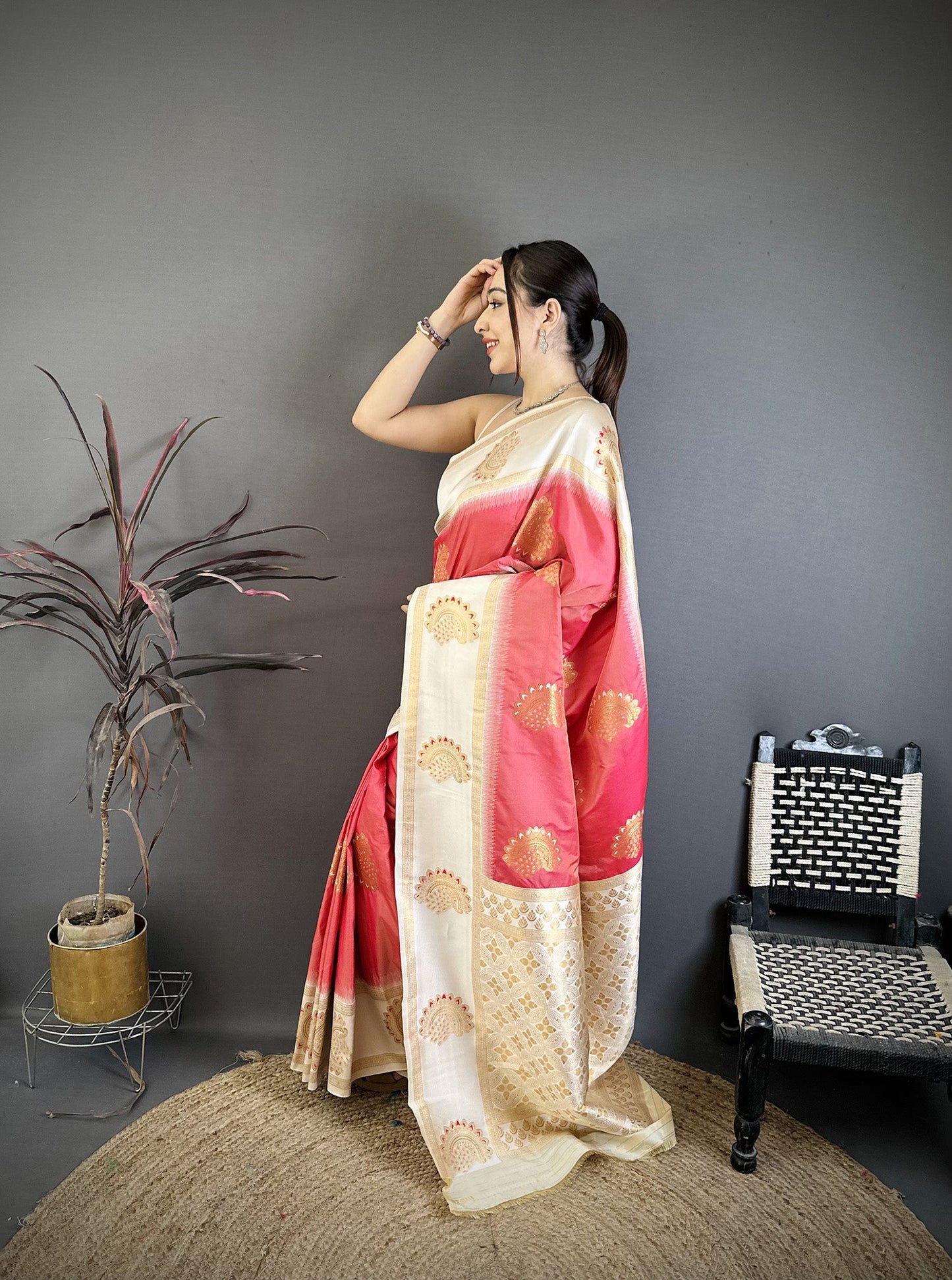 Elora Coral Soft Silk Gold Zari Woven Butta Banarasi Saree