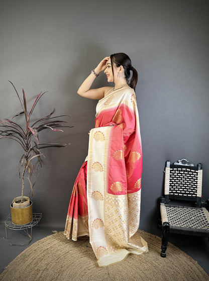 Elora Coral Soft Silk Gold Zari Woven Butta Banarasi Saree