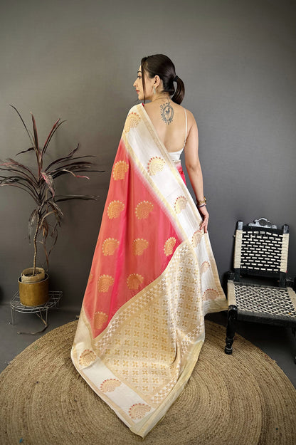 Elora Coral Soft Silk Gold Zari Woven Butta Banarasi Saree