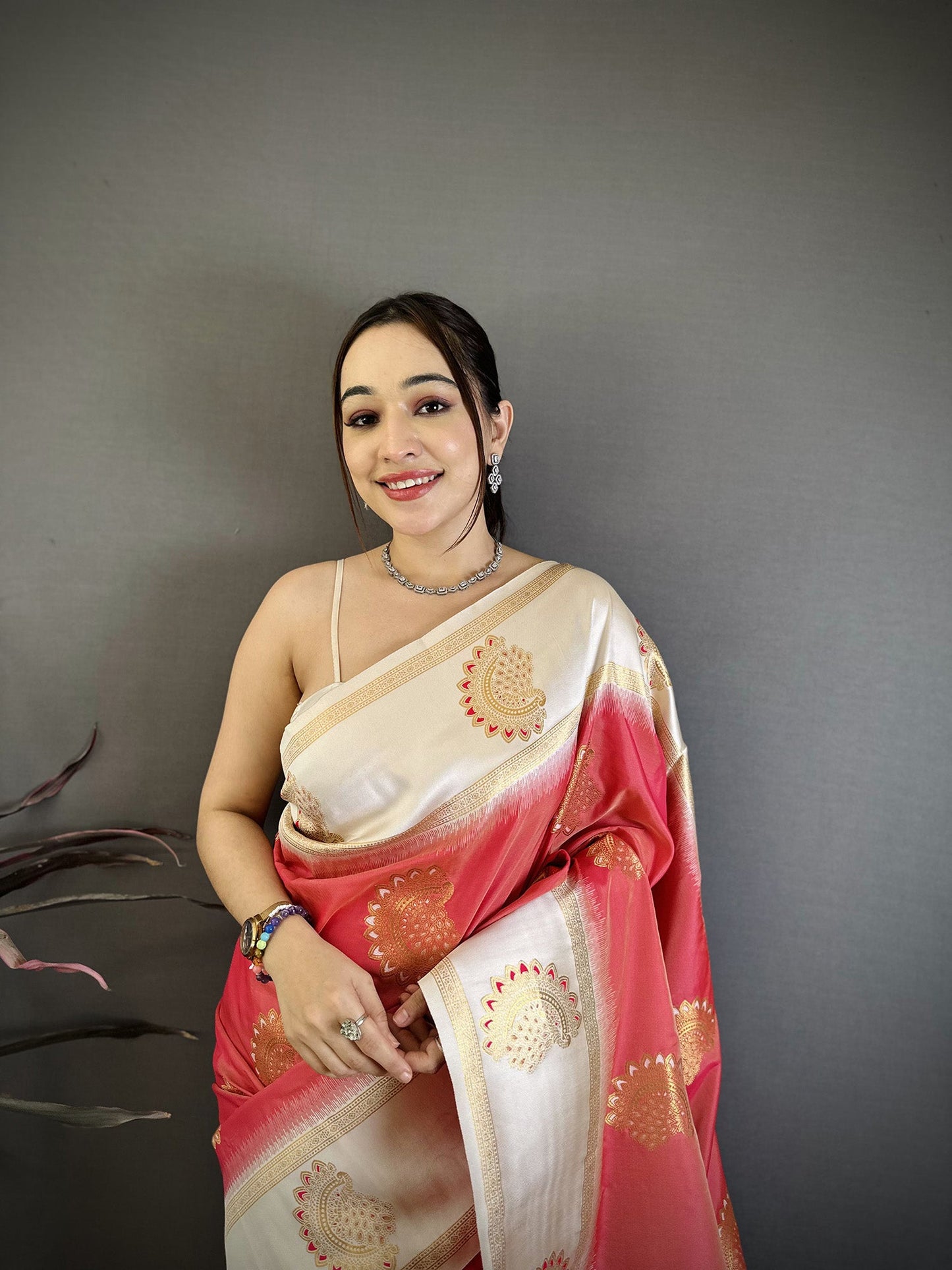 Elora Coral Soft Silk Gold Zari Woven Butta Banarasi Saree