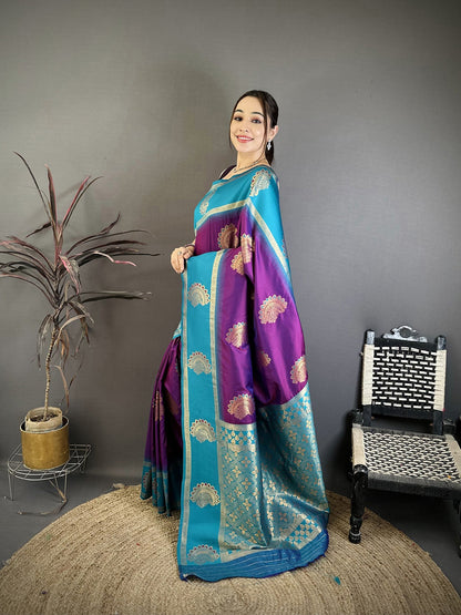 Elora Violet Soft Silk Gold Zari Woven Butta Banarasi Saree