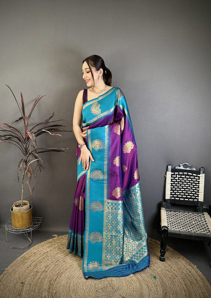 Elora Violet Soft Silk Gold Zari Woven Butta Banarasi Saree