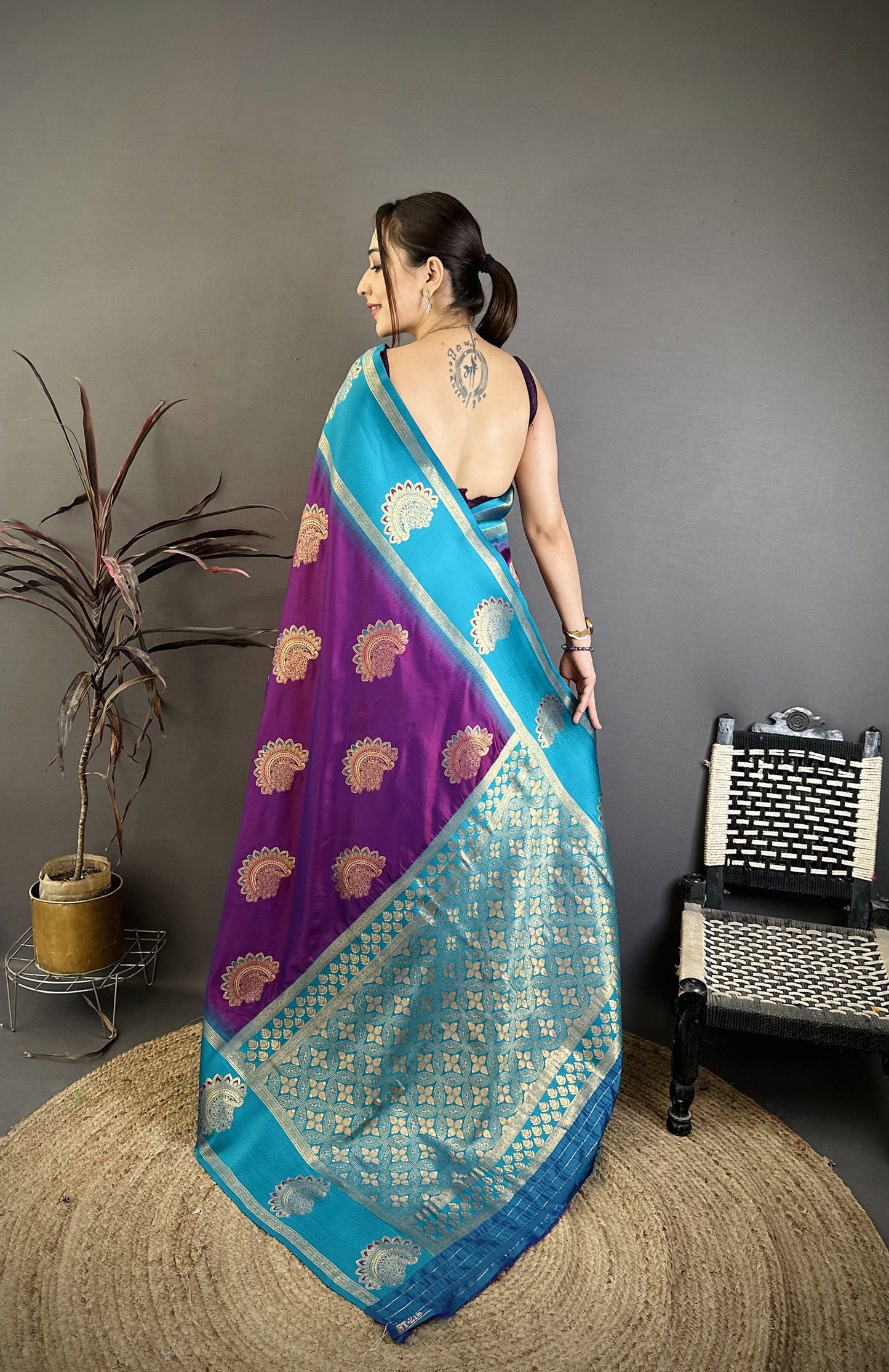 Elora Violet Soft Silk Gold Zari Woven Butta Banarasi Saree
