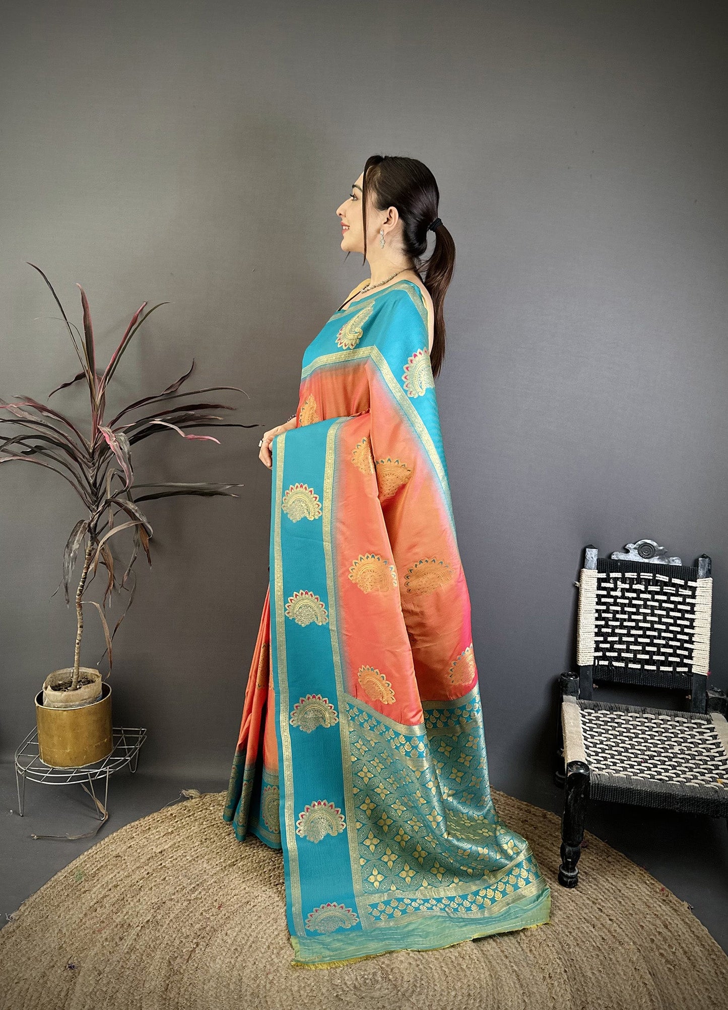 Elora Peach Soft Silk Gold Zari Woven Butta Banarasi Saree