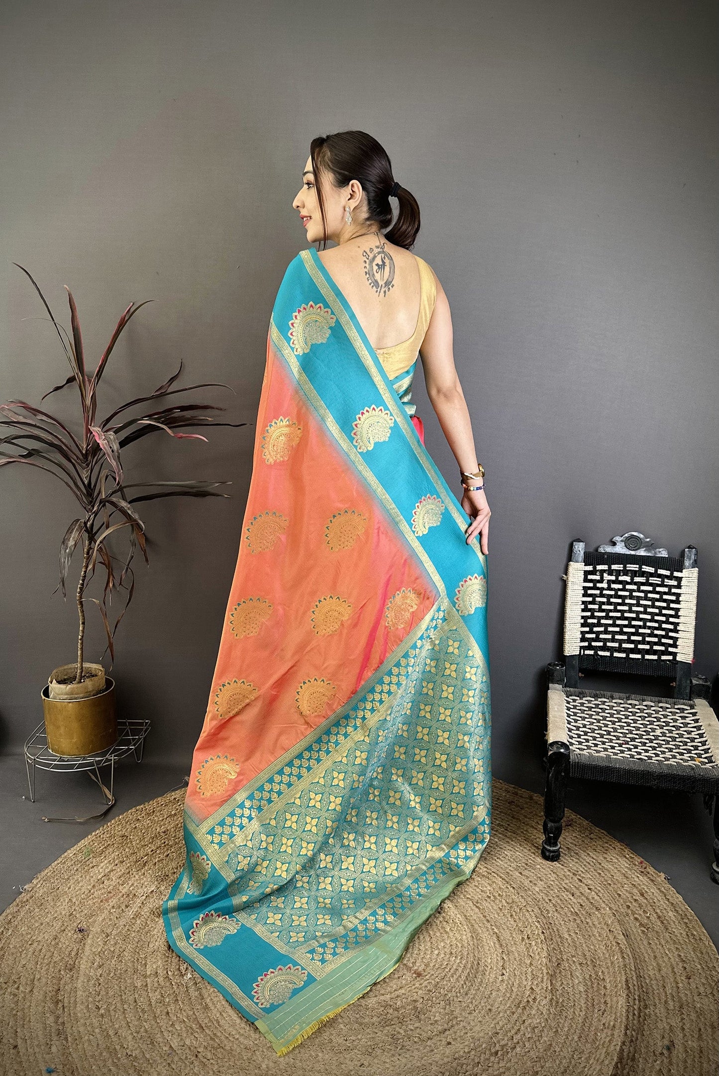 Elora Peach Soft Silk Gold Zari Woven Butta Banarasi Saree