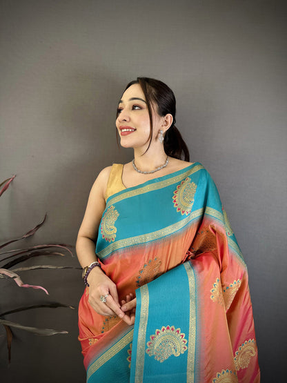 Elora Peach Soft Silk Gold Zari Woven Butta Banarasi Saree