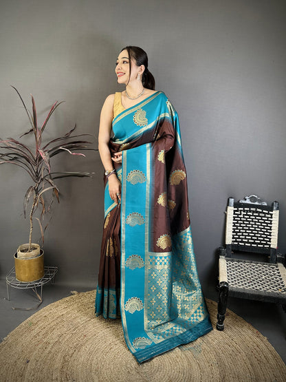 Elora Brown Soft Silk Gold Zari Woven Butta Banarasi Saree