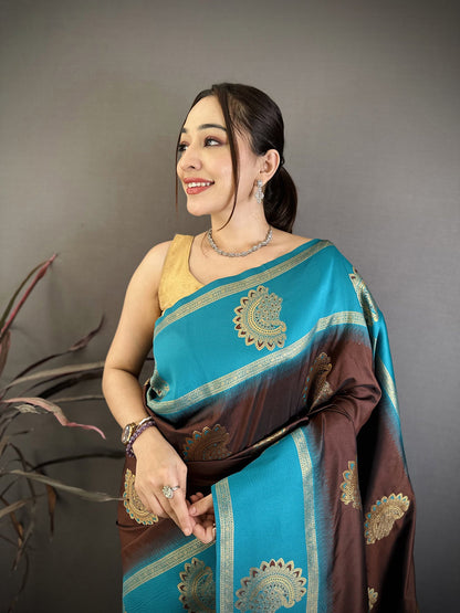 Elora Brown Soft Silk Gold Zari Woven Butta Banarasi Saree