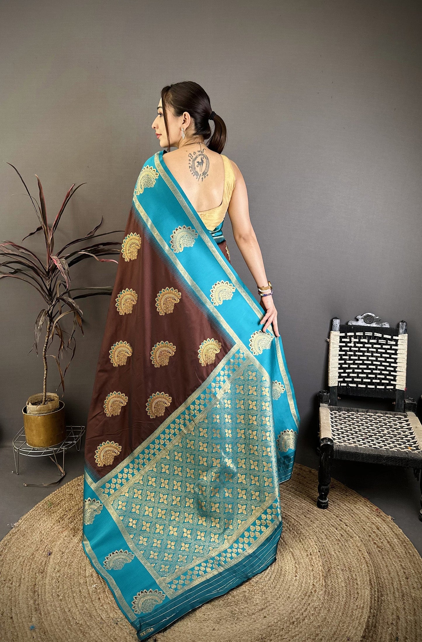 Elora Brown Soft Silk Gold Zari Woven Butta Banarasi Saree