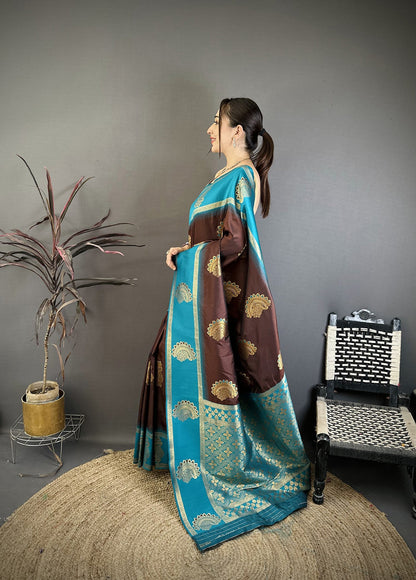 Elora Brown Soft Silk Gold Zari Woven Butta Banarasi Saree