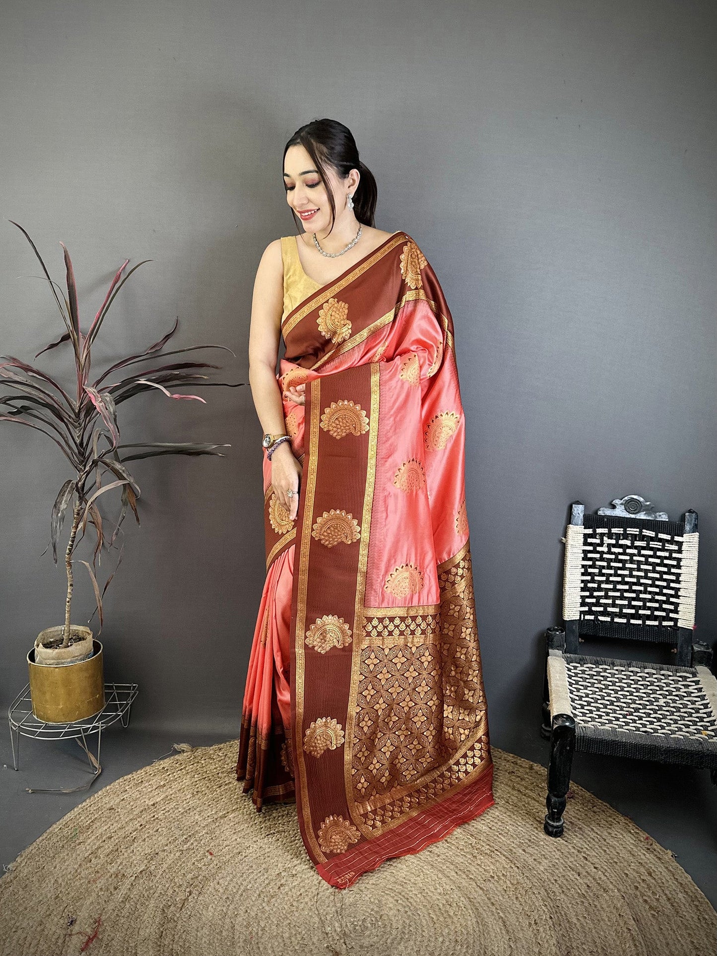 Elora Peach Soft Silk Gold Zari Woven Butta Banarasi Saree