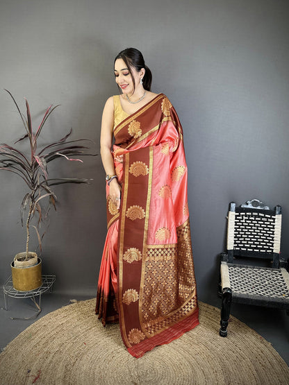 Elora Peach Soft Silk Gold Zari Woven Butta Banarasi Saree