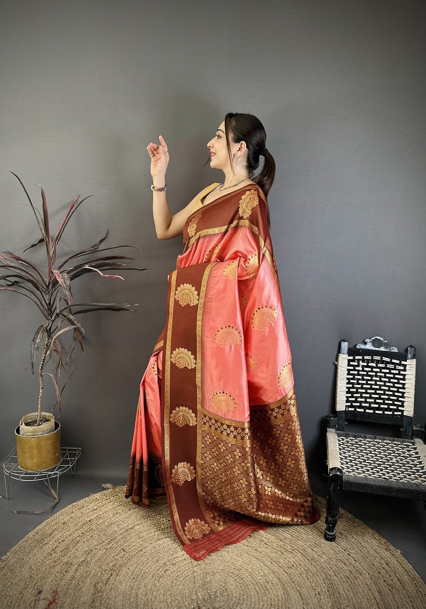 Elora Peach Soft Silk Gold Zari Woven Butta Banarasi Saree