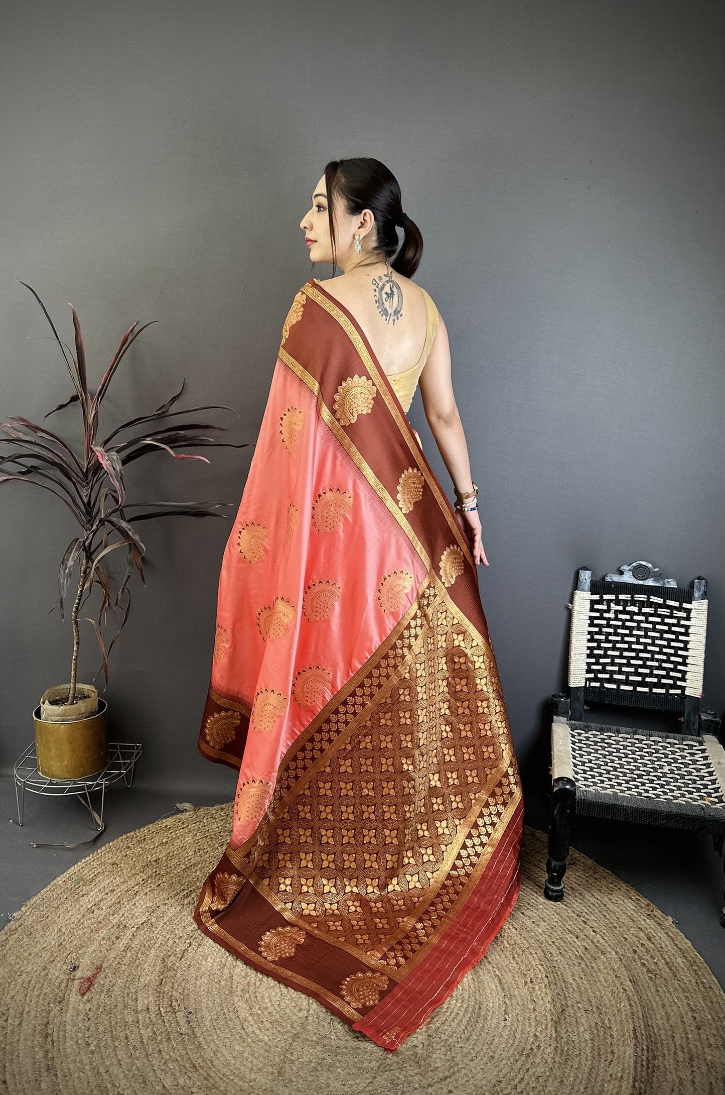 Elora Peach Soft Silk Gold Zari Woven Butta Banarasi Saree