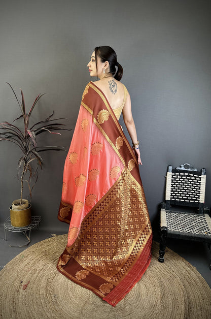 Elora Peach Soft Silk Gold Zari Woven Butta Banarasi Saree