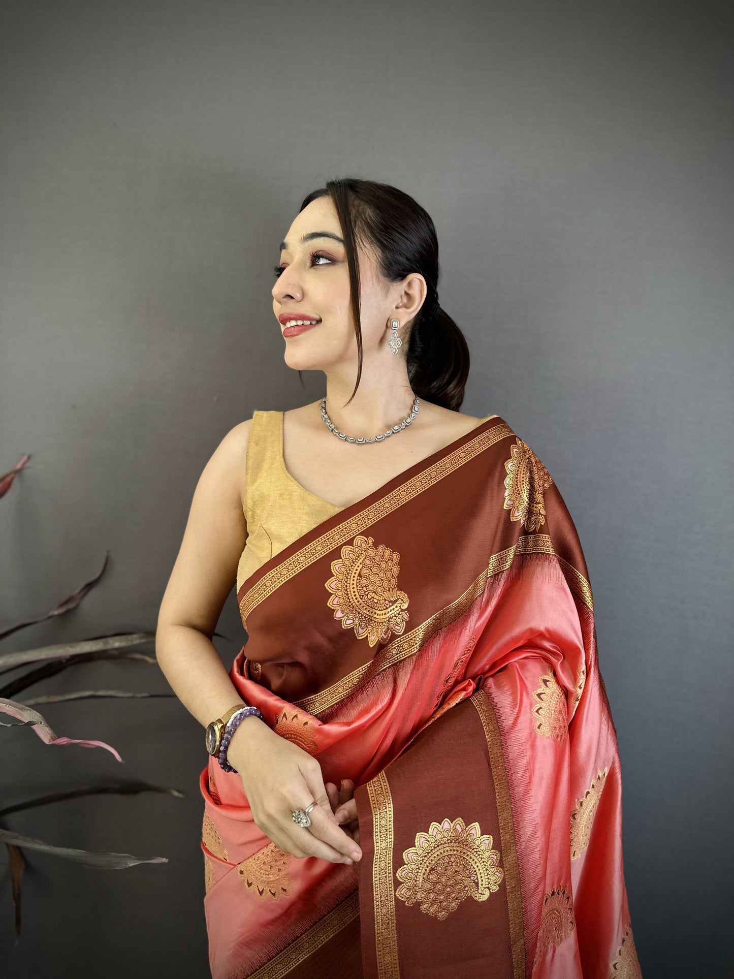 Elora Peach Soft Silk Gold Zari Woven Butta Banarasi Saree