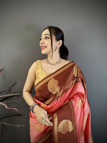 Elora Peach Soft Silk Gold Zari Woven Butta Banarasi Saree