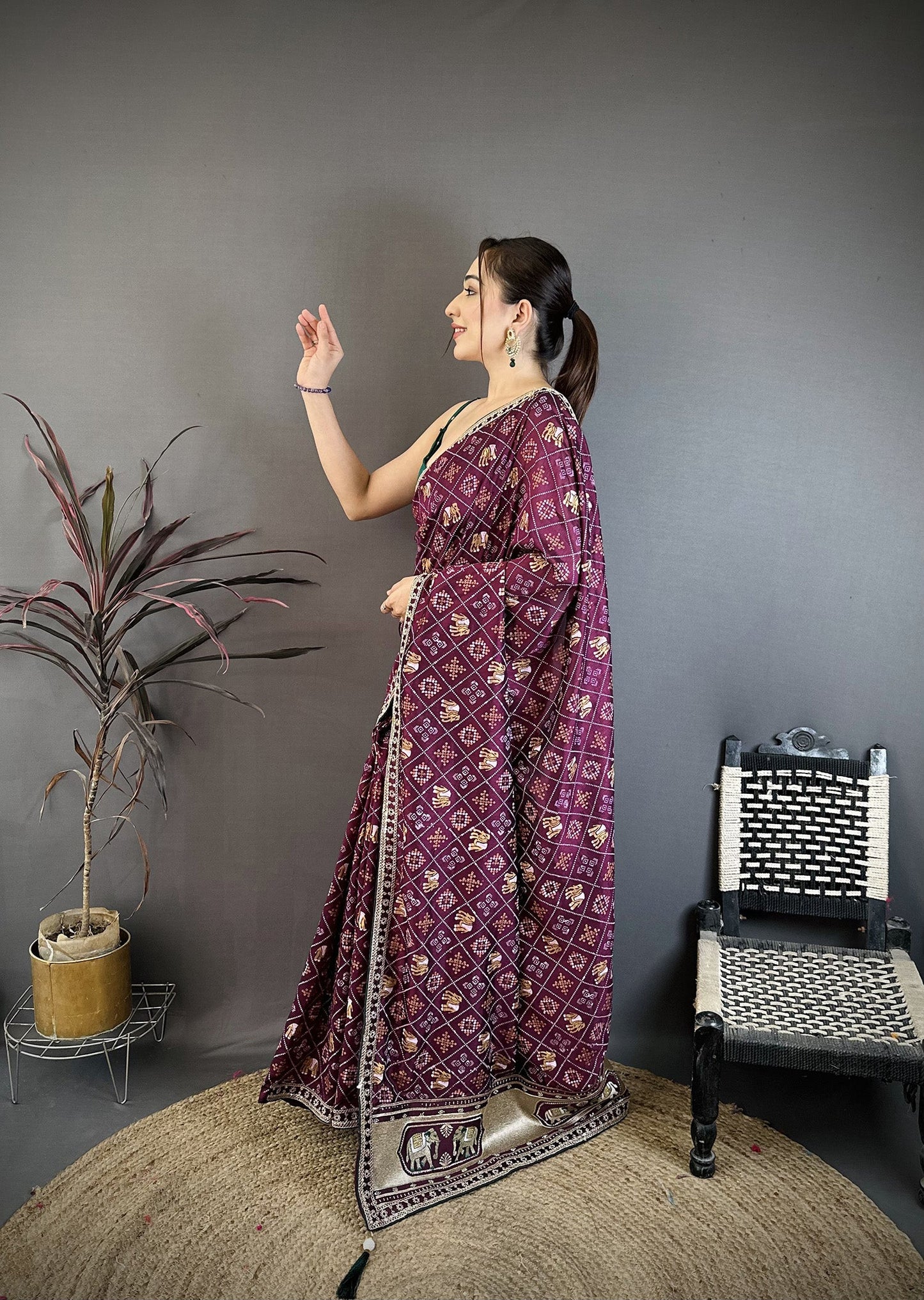 Elora Wine Vichitra Silk Animal Motifs Foil Print Sequence & Zari Embroidery Work Bandhani Saree