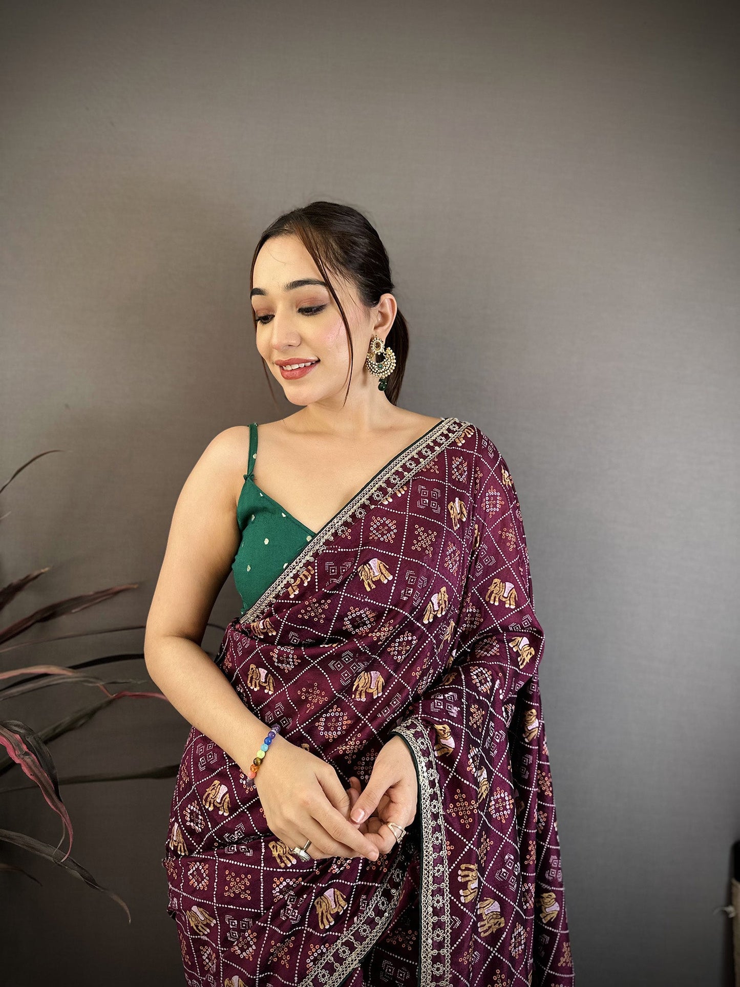 Elora Wine Vichitra Silk Animal Motifs Foil Print Sequence & Zari Embroidery Work Bandhani Saree